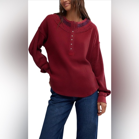 We The Free Tops - Free People We The Free Holly Henley Tunic Thermal Top Embroidered XS Red 276124